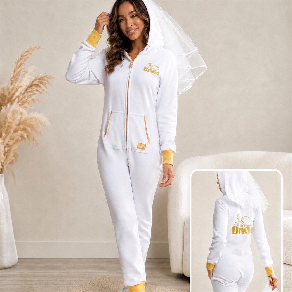 Tipsy Elves Bride Hooded Onesie Jumpsuit Detachable Veil White L bachelorette
